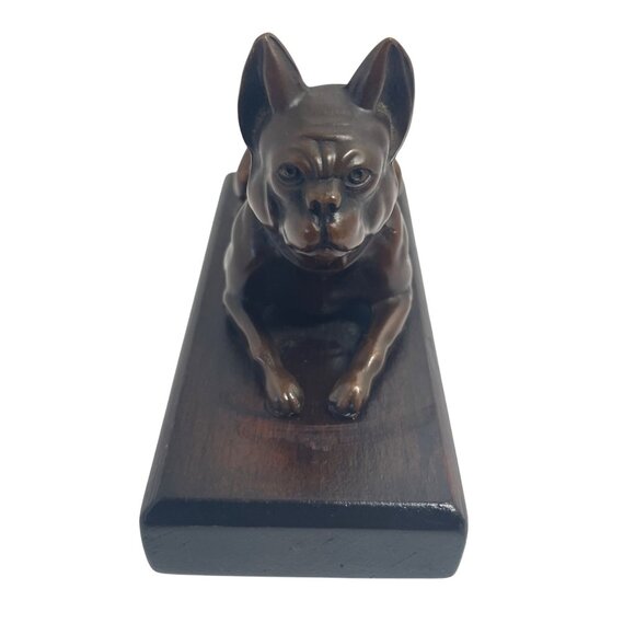 Vintage Bronze Bulldog Figurine On Wooden Base - Picture 3 of 9